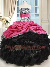 Pink And Black Ball Gowns Strapless Sleeveless Organza and Taffeta Floor Length Lace Up Beading and Ruffles 15th Birthday Dress