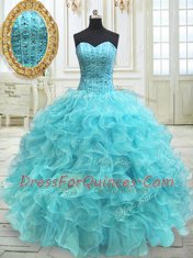 Sleeveless Organza Floor Length Lace Up Quinceanera Dress in Aqua Blue with Beading and Ruffles