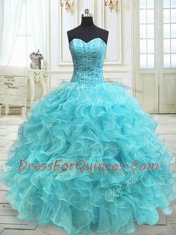 Sleeveless Organza Floor Length Lace Up Quinceanera Dress in Aqua Blue with Beading and Ruffles