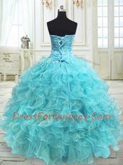 Sleeveless Organza Floor Length Lace Up Quinceanera Dress in Aqua Blue with Beading and Ruffles