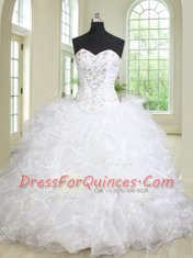 Sleeveless Brush Train Lace Up With Train Beading and Ruffles Sweet 16 Dress