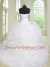 Sleeveless Brush Train Lace Up With Train Beading and Ruffles Sweet 16 Dress