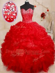 Red Organza Lace Up Quinceanera Gowns Sleeveless Floor Length Beading and Ruffles
