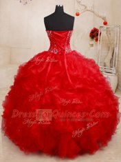 Red Organza Lace Up Quinceanera Gowns Sleeveless Floor Length Beading and Ruffles