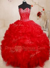 Red Organza Lace Up Quinceanera Gowns Sleeveless Floor Length Beading and Ruffles