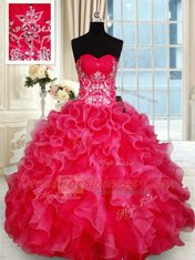 Spectacular Red Sleeveless Organza Lace Up Quinceanera Dresses for Military Ball and Sweet 16 and Quinceanera