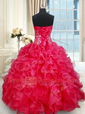 Spectacular Red Sleeveless Organza Lace Up Quinceanera Dresses for Military Ball and Sweet 16 and Quinceanera
