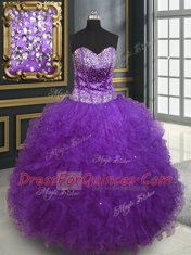 Wonderful Eggplant Purple Ball Gowns Sweetheart Sleeveless Tulle Floor Length Lace Up Beading and Ruffles 15th Birthday Dress