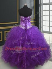 Wonderful Eggplant Purple Ball Gowns Sweetheart Sleeveless Tulle Floor Length Lace Up Beading and Ruffles 15th Birthday Dress