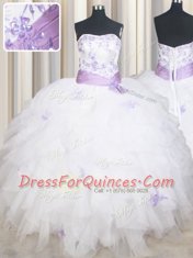 Low Price White Lace Up Strapless Beading and Ruffles and Belt Sweet 16 Dress Tulle Sleeveless