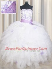 Low Price White Lace Up Strapless Beading and Ruffles and Belt Sweet 16 Dress Tulle Sleeveless