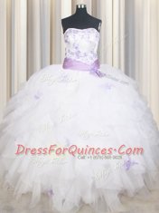 Low Price White Lace Up Strapless Beading and Ruffles and Belt Sweet 16 Dress Tulle Sleeveless