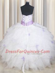 Low Price White Lace Up Strapless Beading and Ruffles and Belt Sweet 16 Dress Tulle Sleeveless