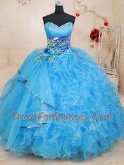 High End Baby Blue Sweetheart Lace Up Beading and Ruffles and Pattern 15 Quinceanera Dress Sleeveless