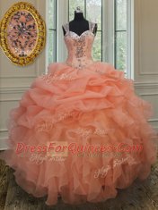 Orange Zipper Straps Beading and Ruffles and Pick Ups Quince Ball Gowns Organza Sleeveless