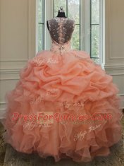 Orange Zipper Straps Beading and Ruffles and Pick Ups Quince Ball Gowns Organza Sleeveless