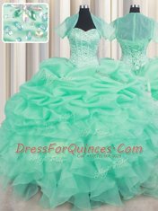 New Arrival Floor Length Lace Up Quince Ball Gowns Apple Green for Military Ball and Sweet 16 and Quinceanera with Beading and Ruffles and Pick Ups