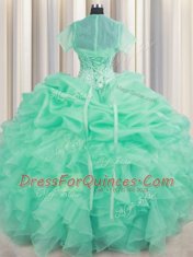New Arrival Floor Length Lace Up Quince Ball Gowns Apple Green for Military Ball and Sweet 16 and Quinceanera with Beading and Ruffles and Pick Ups