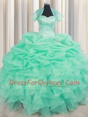 New Arrival Floor Length Lace Up Quince Ball Gowns Apple Green for Military Ball and Sweet 16 and Quinceanera with Beading and Ruffles and Pick Ups