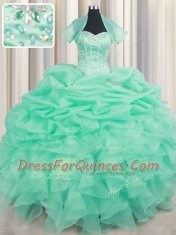 New Arrival Floor Length Lace Up Quince Ball Gowns Apple Green for Military Ball and Sweet 16 and Quinceanera with Beading and Ruffles and Pick Ups