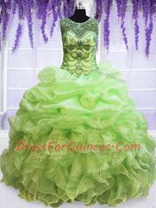Scoop See Through Sleeveless Floor Length Beading and Ruffles and Pick Ups Lace Up Sweet 16 Dress with