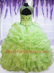 Scoop See Through Sleeveless Floor Length Beading and Ruffles and Pick Ups Lace Up Sweet 16 Dress with