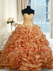 High Class Champagne Sweetheart Neckline Beading and Ruffles and Pick Ups 15th Birthday Dress Sleeveless Lace Up
