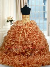 High Class Champagne Sweetheart Neckline Beading and Ruffles and Pick Ups 15th Birthday Dress Sleeveless Lace Up