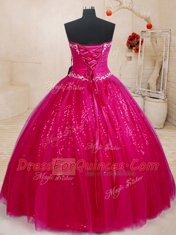 Tulle Sweetheart Sleeveless Lace Up Beading and Sequins Sweet 16 Quinceanera Dress in Fuchsia