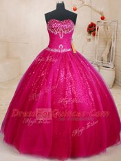 Tulle Sweetheart Sleeveless Lace Up Beading and Sequins Sweet 16 Quinceanera Dress in Fuchsia