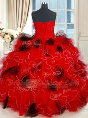 Inexpensive Floor Length Lace Up 15 Quinceanera Dress Black and Red for Military Ball and Sweet 16 and Quinceanera with Beading and Ruffles and Sequins