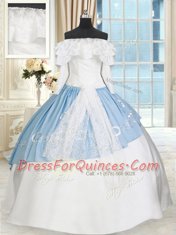 Eye-catching Off the Shoulder Blue And White Ball Gowns Lace and Bowknot Quinceanera Gown Lace Up Taffeta Long Sleeves Floor Length