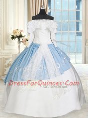 Eye-catching Off the Shoulder Blue And White Ball Gowns Lace and Bowknot Quinceanera Gown Lace Up Taffeta Long Sleeves Floor Length