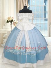 Eye-catching Off the Shoulder Blue And White Ball Gowns Lace and Bowknot Quinceanera Gown Lace Up Taffeta Long Sleeves Floor Length