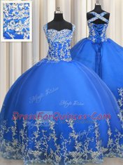 Fantastic Blue Ball Gowns Tulle Straps Sleeveless Beading and Appliques Floor Length Lace Up Quince Ball Gowns