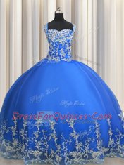 Fantastic Blue Ball Gowns Tulle Straps Sleeveless Beading and Appliques Floor Length Lace Up Quince Ball Gowns