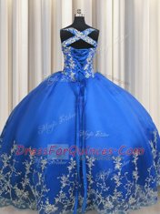 Fantastic Blue Ball Gowns Tulle Straps Sleeveless Beading and Appliques Floor Length Lace Up Quince Ball Gowns