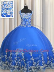 Fantastic Blue Ball Gowns Tulle Straps Sleeveless Beading and Appliques Floor Length Lace Up Quince Ball Gowns