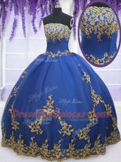 Floor Length Blue Ball Gown Prom Dress Organza Sleeveless Appliques