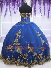 Floor Length Blue Ball Gown Prom Dress Organza Sleeveless Appliques