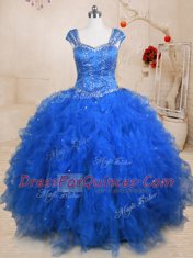 Discount Blue Straps Lace Up Beading and Ruffles 15 Quinceanera Dress Cap Sleeves