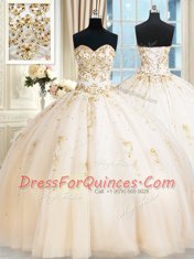 Best Selling Sleeveless Tulle Floor Length Lace Up Quinceanera Dresses in Champagne with Beading