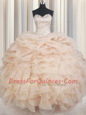 Dramatic Champagne Quinceanera Gowns Military Ball and Sweet 16 and Quinceanera and For with Beading and Ruffles and Pick Ups Sweetheart Sleeveless Lace Up