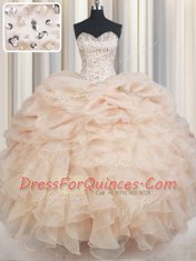 Dramatic Champagne Quinceanera Gowns Military Ball and Sweet 16 and Quinceanera and For with Beading and Ruffles and Pick Ups Sweetheart Sleeveless Lace Up