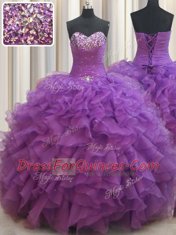 Sweetheart Sleeveless Ball Gown Prom Dress Floor Length Beading and Ruffles Eggplant Purple Organza