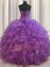 Sweetheart Sleeveless Ball Gown Prom Dress Floor Length Beading and Ruffles Eggplant Purple Organza