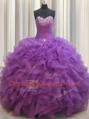 Sweetheart Sleeveless Ball Gown Prom Dress Floor Length Beading and Ruffles Eggplant Purple Organza