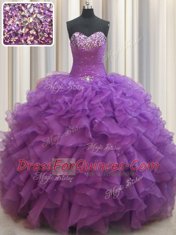Sweetheart Sleeveless Ball Gown Prom Dress Floor Length Beading and Ruffles Eggplant Purple Organza