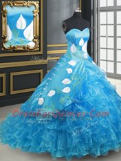 Baby Blue Organza and Taffeta Lace Up Quinceanera Dresses Sleeveless With Brush Train Embroidery and Ruffled Layers