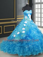 Baby Blue Organza and Taffeta Lace Up Quinceanera Dresses Sleeveless With Brush Train Embroidery and Ruffled Layers